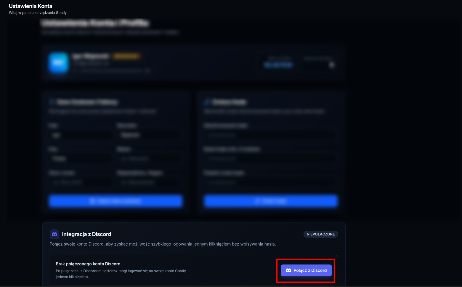 Kliknij przycisk "Połącz z Discord"