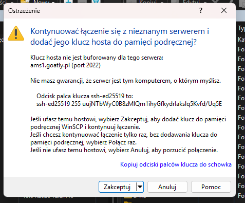Komunikat o zatwierdzenie kluczy SSH