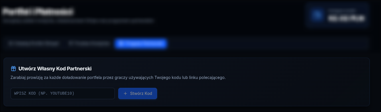 Wpisz swój kod partnerski i kliknij "Stwórz Kod"